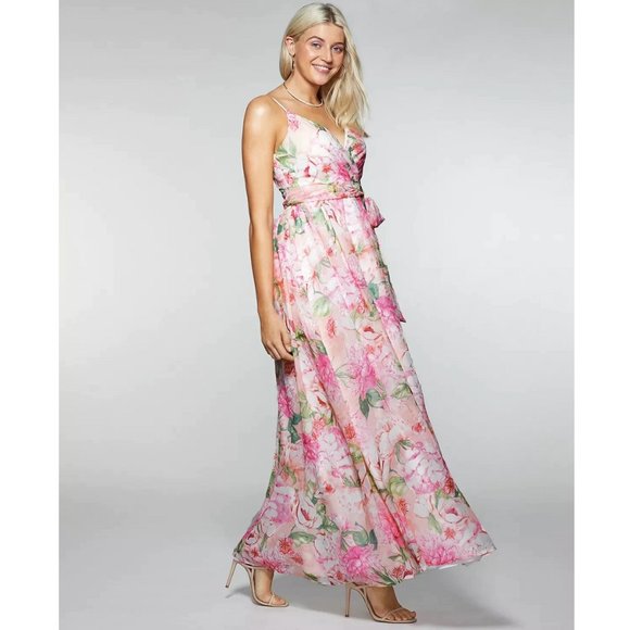 Pink Dress Belted Floral Spaghetti Strap V Neck - Size 3 Maxi - Picture 2 of 7